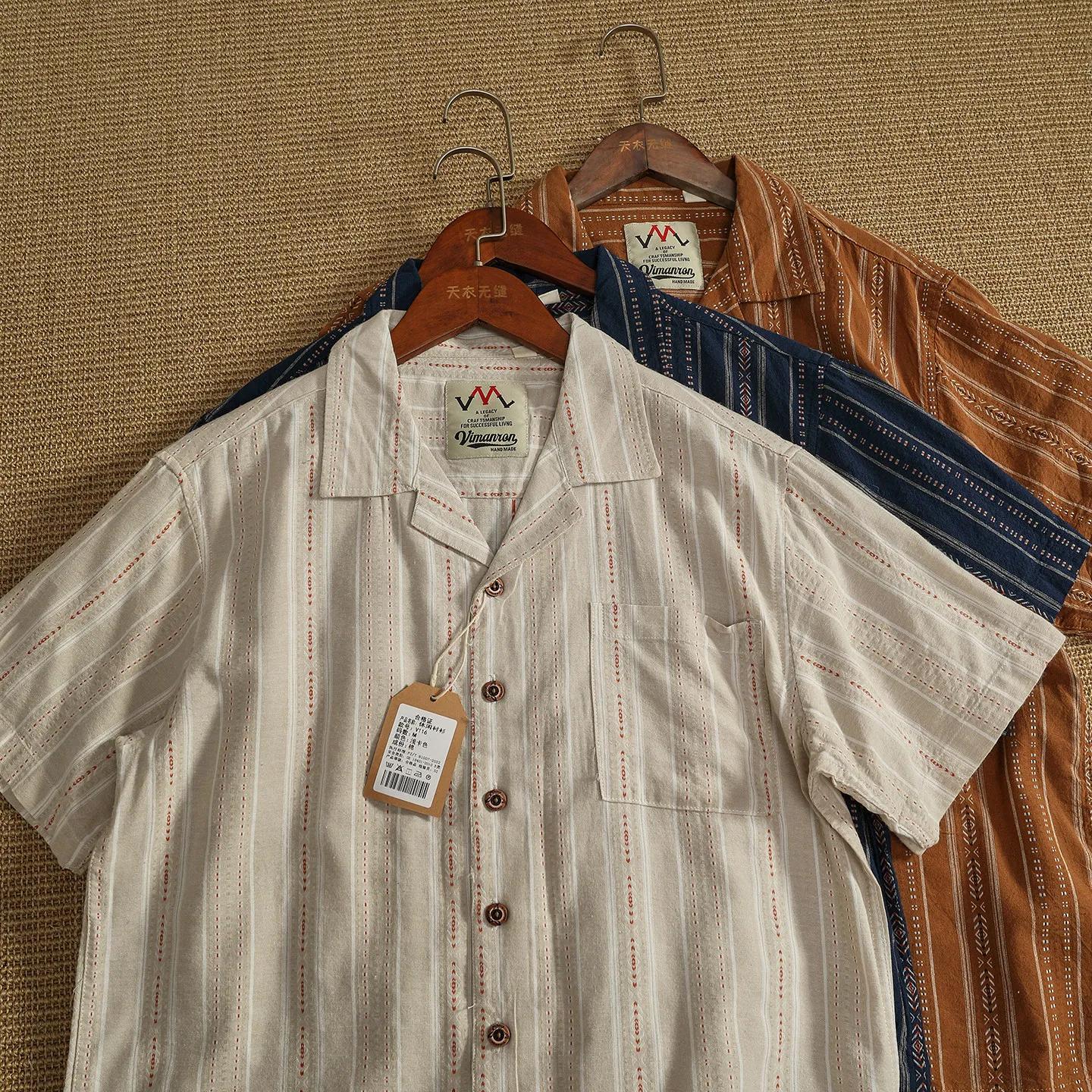 Summer New American Retro Short Sleeve Cuban Collar National Style Striped Shirt Men's Fashion 100% Cotton Loose Casual Blouses