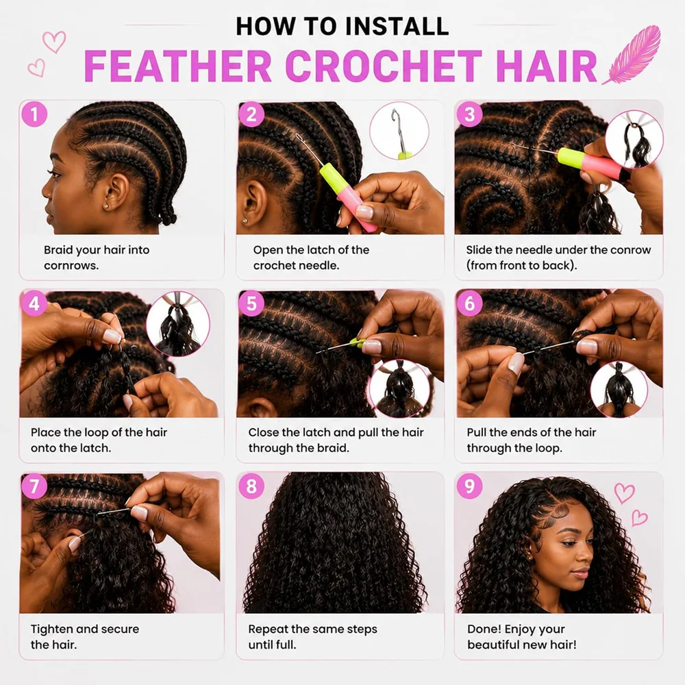 Deep Wave Human Hair Crochet Extensions 1B Natural Black Knotless Pre-Separated Feather Crochet Hair Loose Wave Bulk Braiding Hair No Weft Soft Real Human Hair Invisible Miracle Knots Boho Braids Remy Hair Extensions for Women Ladies - view 8