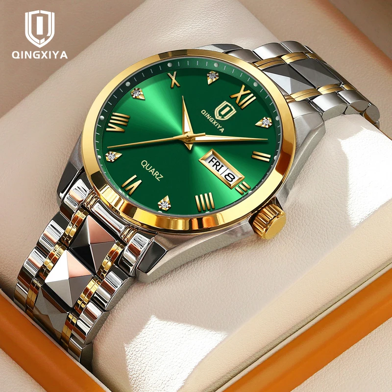

QINGXIYA лучший бренд класса люкс модные кварцевые часы с зеленым циферблатом мужские водонепроницаемые светящиеся часы с датой недели спортивные часы мужские наручные часы