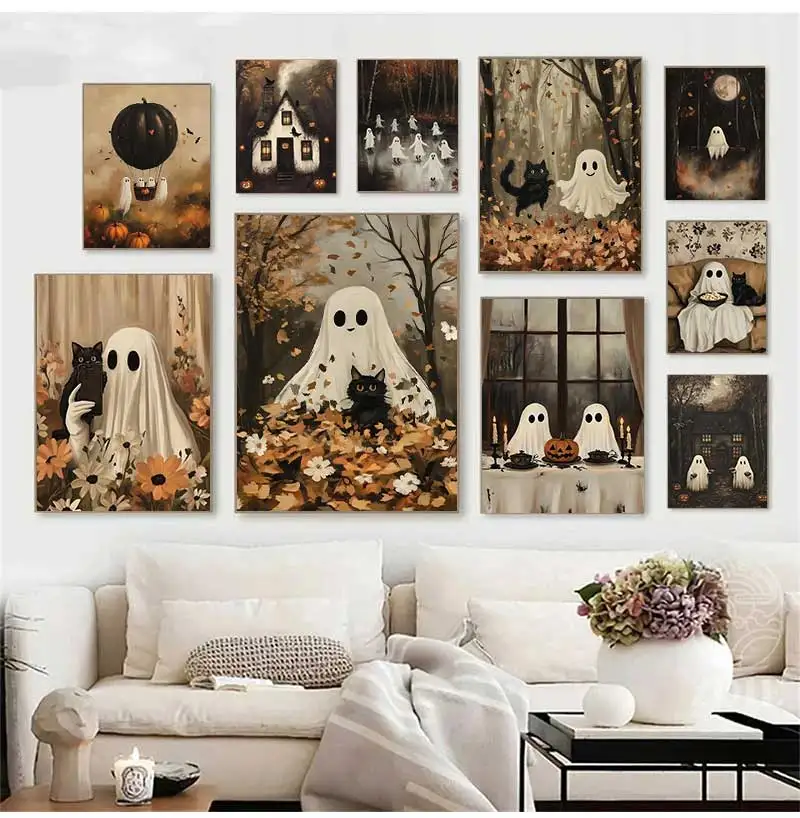 Retro Autumn Halloween Canvas Class Flower Scary Ghost and Dark Pumpkin Black Cat Wall Art Poster Modern Living Room Home Decor