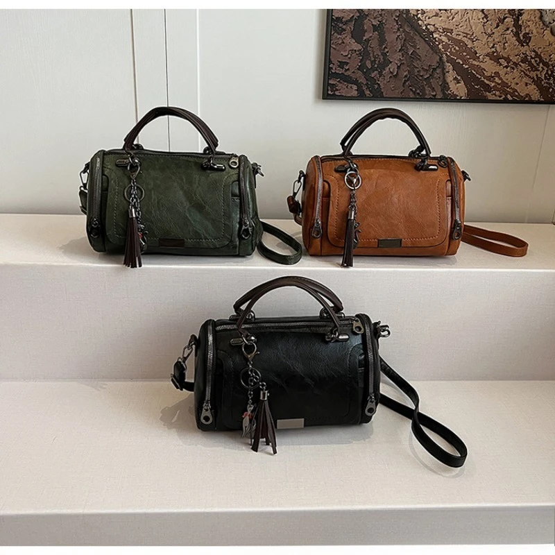 

New Retro Texture Fringed Design Solid Color Splicing Women's Oblique Span Bag Pillow Bag Shoulder Bag