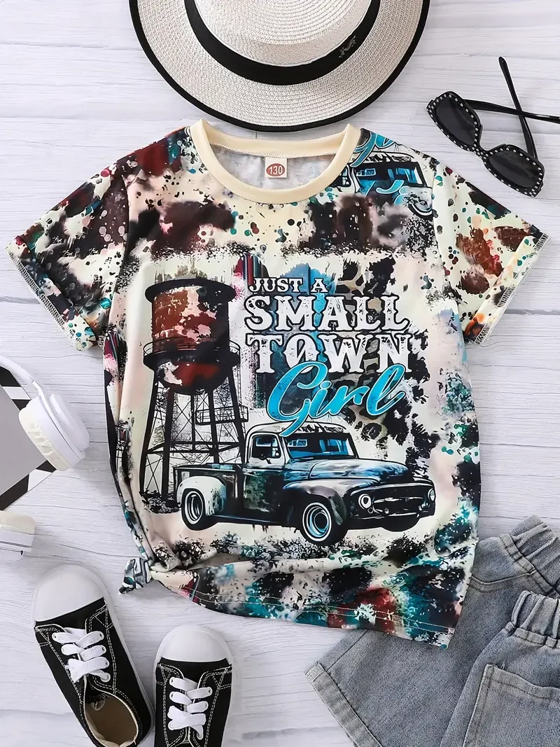 Girls Letter and Factory Truck Graphic Tie Dye T-Shirt Casual Round Neck Tees Top Kids Summer Clothes