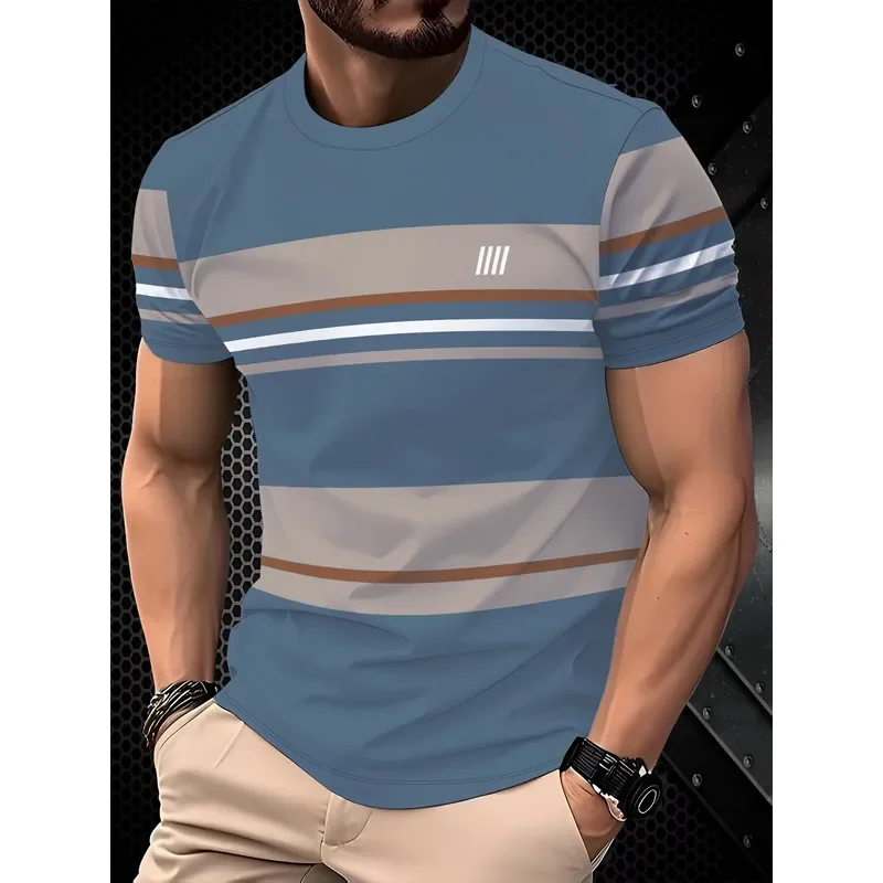 2026 Men's Classic Striped Color Block 3D Print T Shirt Summer Quick Dry Crew Neck Top Outdoor Streetwear Casual Tee