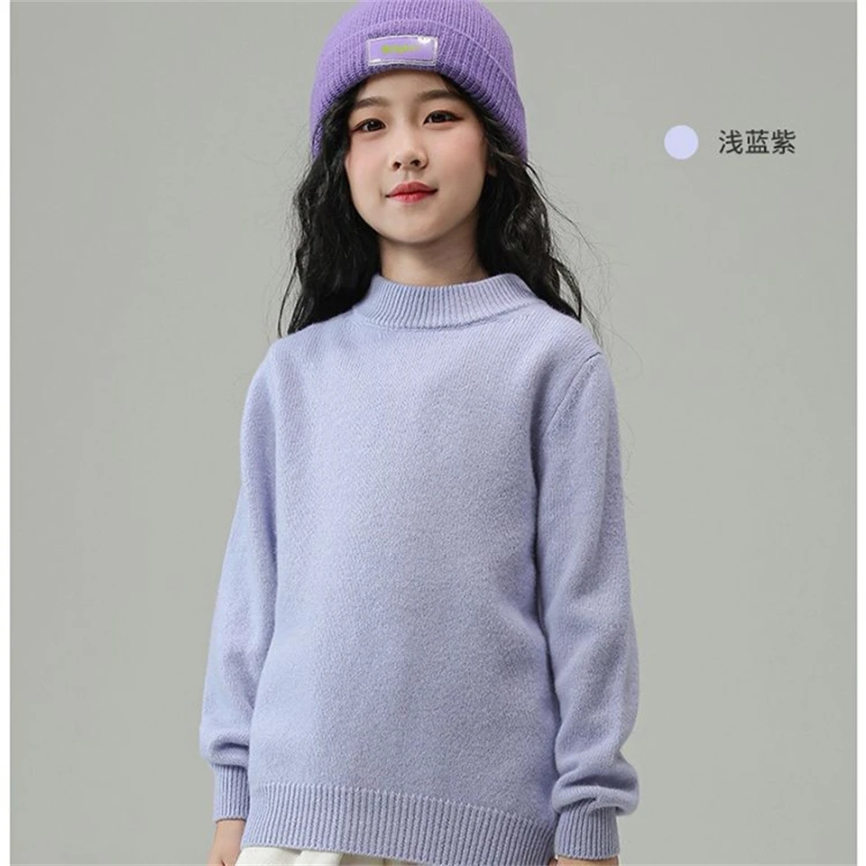 Winter Korean version thickened 100% woolen sweater boys Solid color knitted sweater girls Round neck pullover sweater 3-14 year