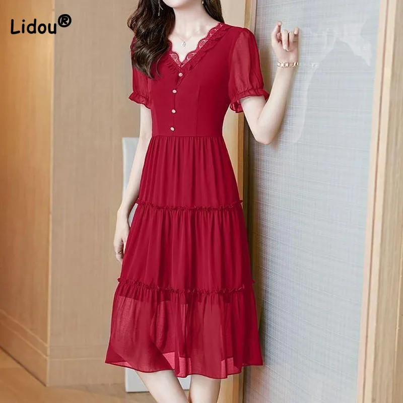 Elegant Fashion Lace Spliced V-Neck Chiffon Dresses 2023 Summer Women\'s Clothing Korean Simplicity Slim Solid Color Female Dress