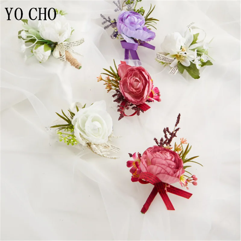 Rosas Artificiais para Groomsmen, Flores Buttonhole, Branco e Roxo, Casamento Boutonniere, Groomsmen Acessórios, 2 Pcs