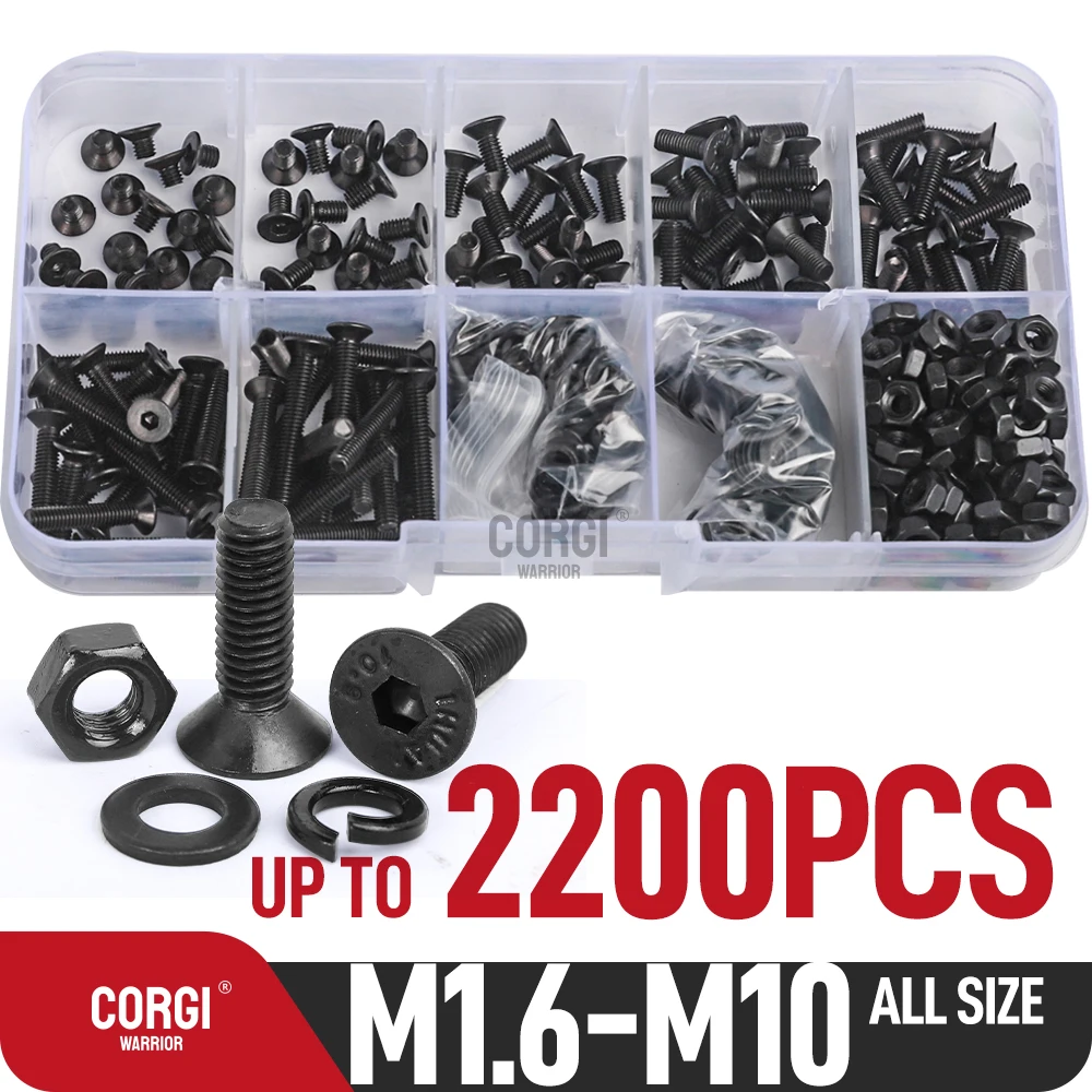 M1.6 M2 M2.5 M3 M4 To M10 Flat Head Socket Cap Screws Assortment Kit 10.9 Grade Alloy Steel Black DIN 7991 4-50mm Bolts with Nut