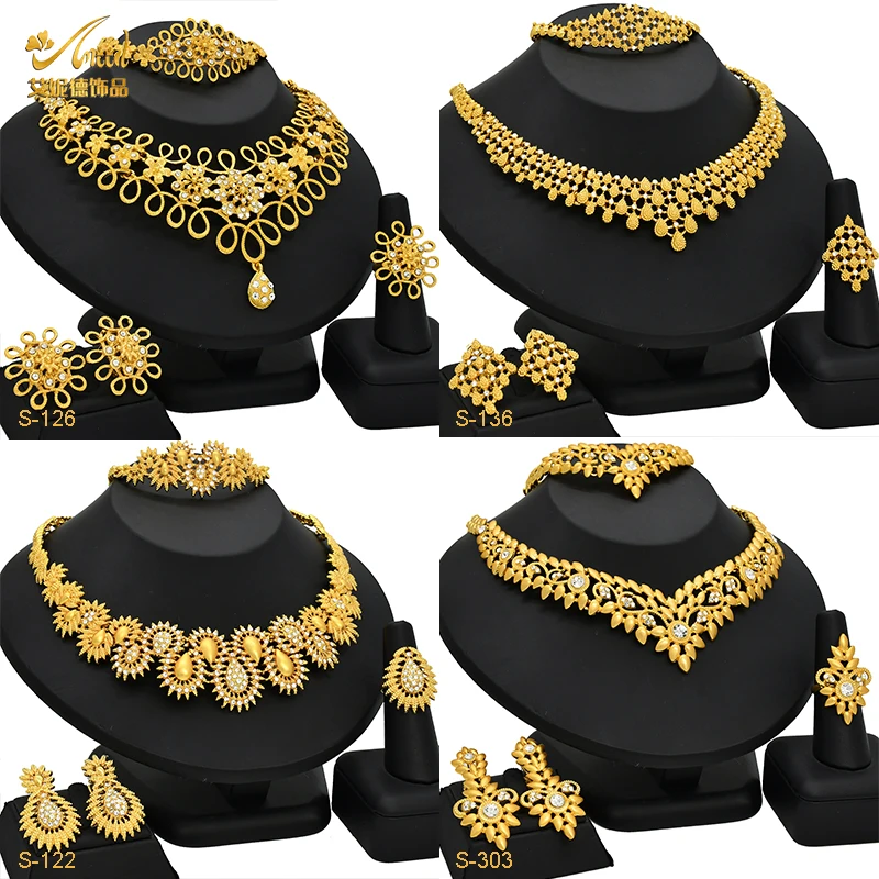 

ANIID African Luxury Design Gold Plated 4Pcs Flower Necklace Set Indian Bridal Wedding Ethiopian Dubai Jewelry Set Wholesale 24K