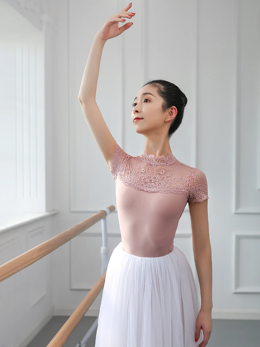 2024 primavera e autunno nuovo body per balletto in pizzo senza schienale per ragazze Dancewear Ballerina Dress donna manica corta tuta da ginnastica