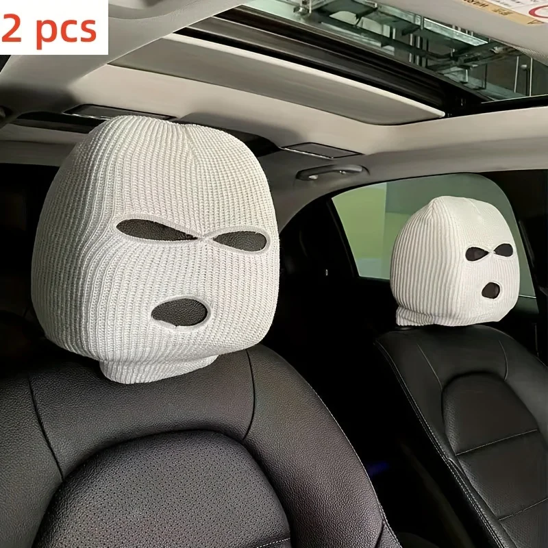 パーソナライズされたニットカーシートヘッドカバー、マスクされた男性の面白い帽子、盗難防止警告、装飾アクセサリー、2個