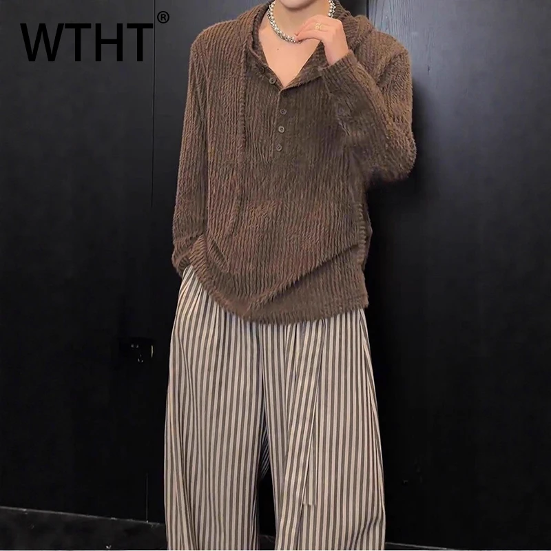 

WTHT Fashion Men's Solid Color Knit Texture Button Sweater Trendy 2025 Autumn Hooded Long Sleeves Pullover Male 2A2406