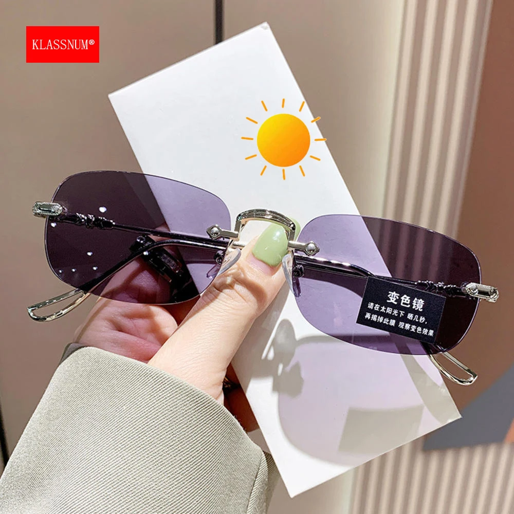 KLASSNUM Men Rimless Anti-Blue Light Glasses Photochromic Glasses Women Alloy Frame Ultra Light Computer Goggles Sunglasses 2025