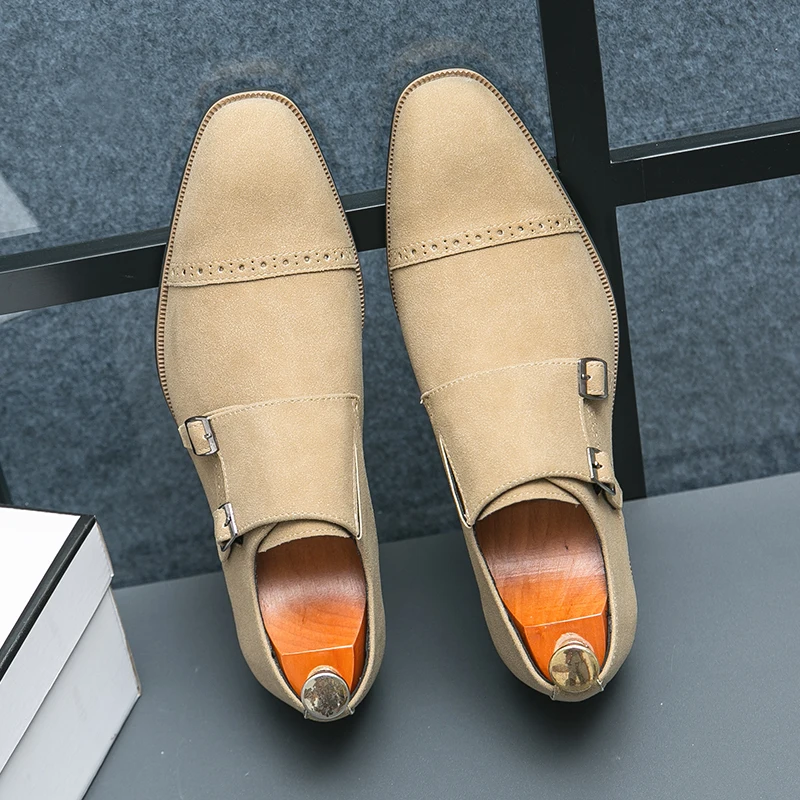 Luxury Men Formal Shoes Brown Matte Leather Fashionable Double Buckle Busines Office Block Shoes Gentlemen Social Shoe Men Shoes