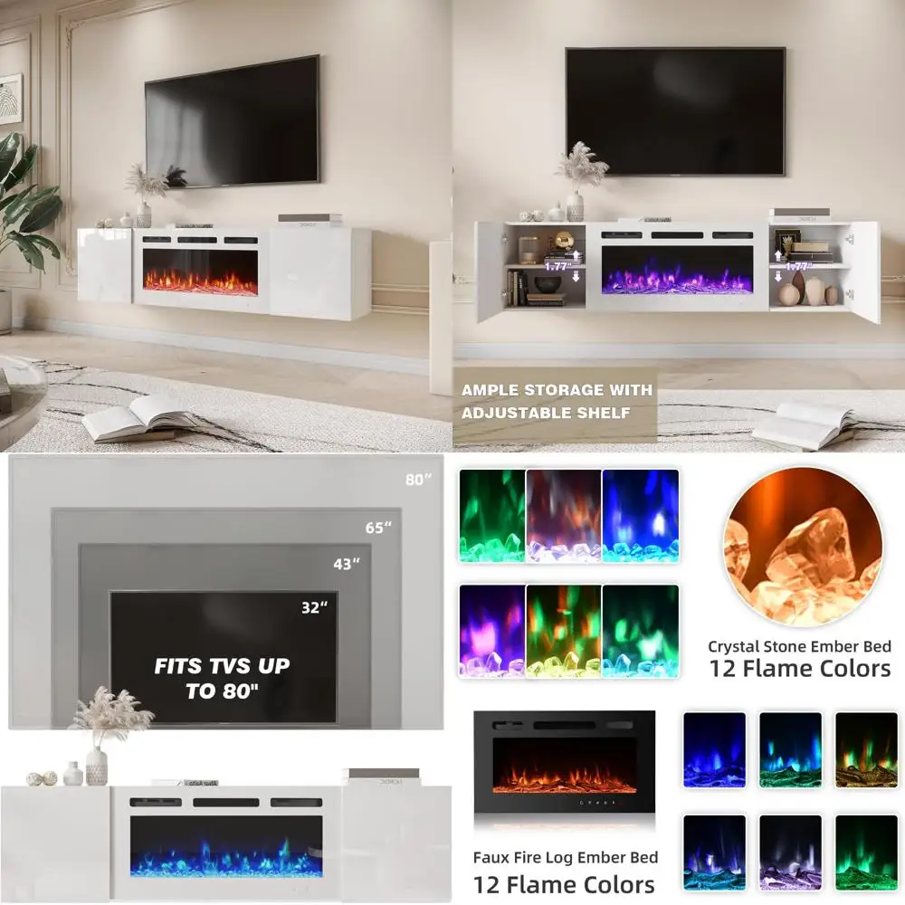 

70-дюймовая современная плавающая подставка под телевизор с 36-дюймовым электрическим камином, глянцевый развлекательный центр с 12 пламенными вставками