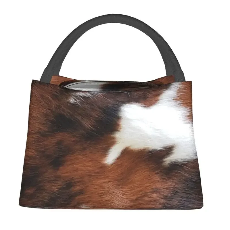 Cowhide Leather 3D Printing Resuable Lunch Box Women Waterproof Animal Fur Texture Thermal Cooler Food Insulated Lunch Bag