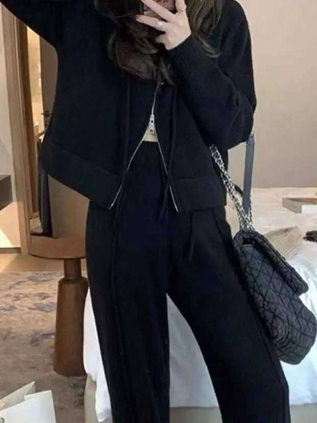 Fashionable Sheep Cashmere Open Cardigan Hoodie Short Top Casual Wide Leg Pants Two Piece Set Women's Trendy Autumn Winter
