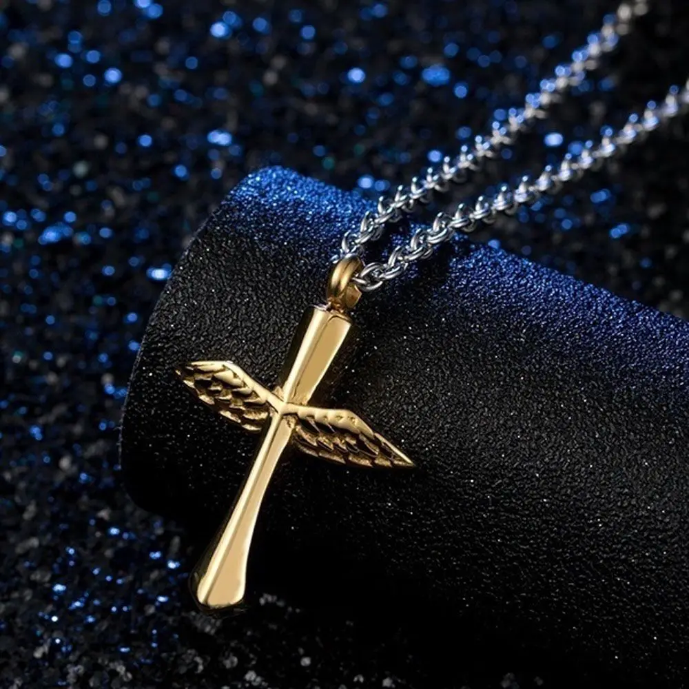 Stainless Steel 1 pcs Angel Wings Keepsake Cross Urn Necklace Jewelry Vial Pendant For Ashes Cremation