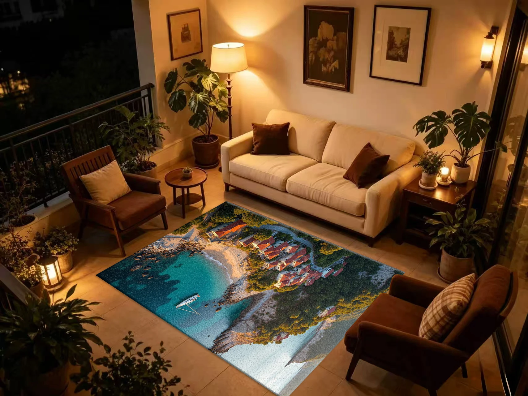 Mediterranean Coastal Village Seascape Carpet Flooring, Aerial View Ocean Scenery Non-Slip Area Rug for Living Room Home Floor Decoration