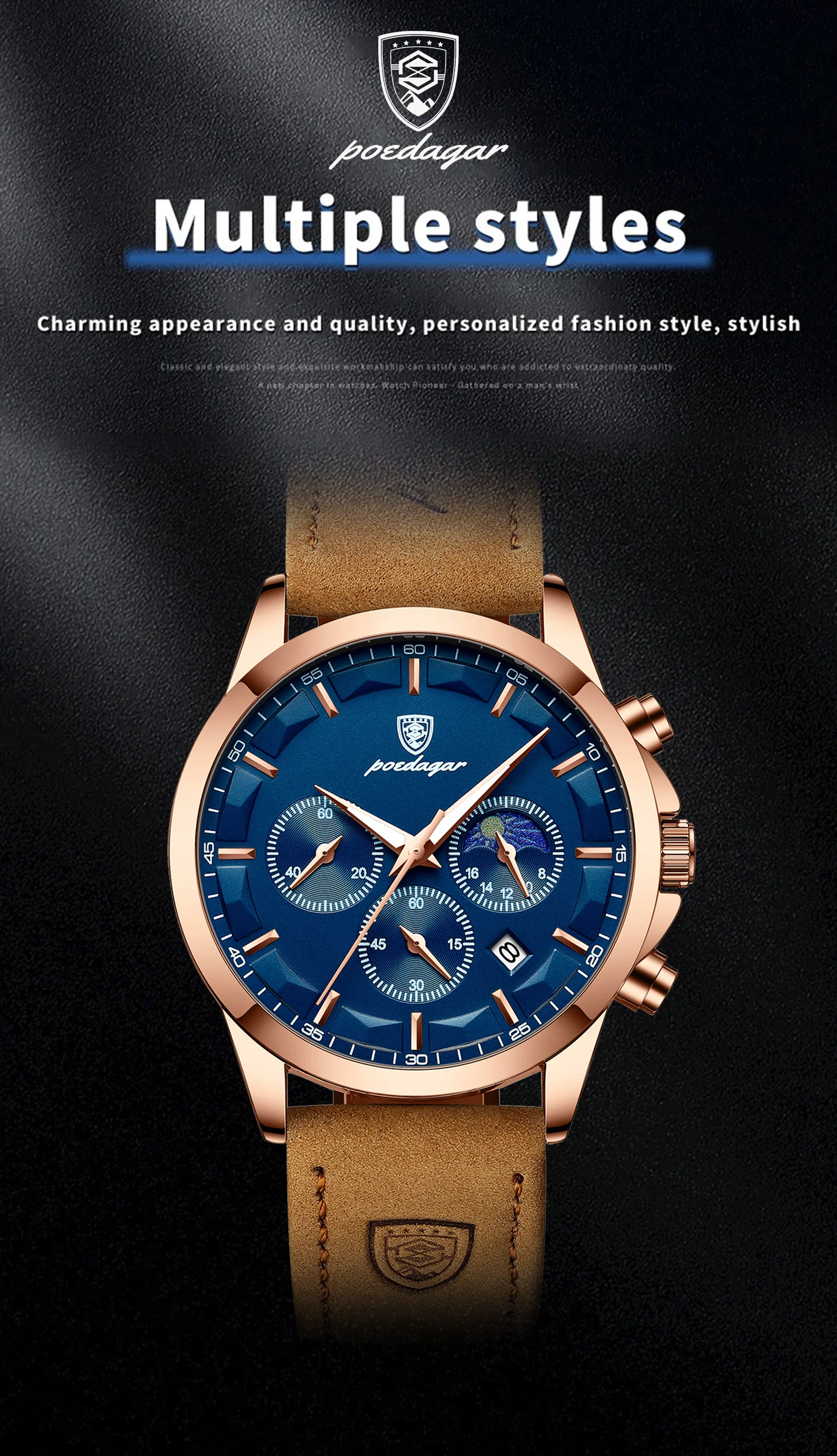 POEDAGAR Sport Luxus Männer Quarzuhr Wasserdicht Chronograph Leucht Datum Mann Armbanduhr Business Leder herren Uhren Uhr – Detail 2