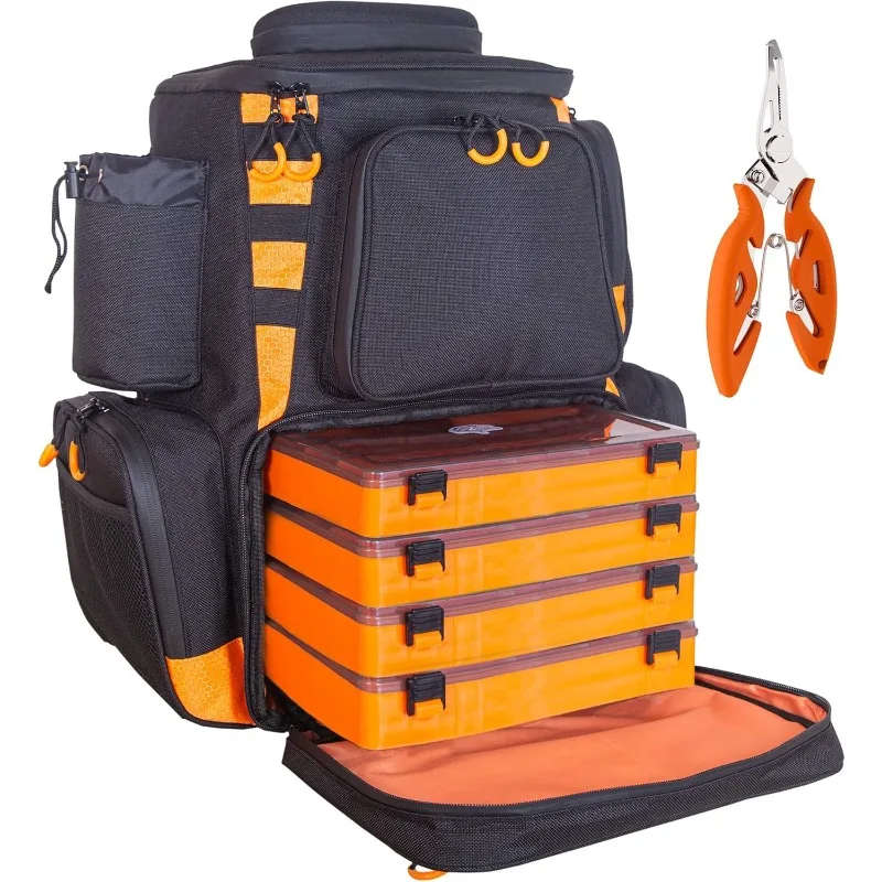 

Fishing Backpack Waterproof Tackle Bag with Rain Cover Includes 4 Tackle Boxes Stainless Steel Fishing Pliers and Lanyard