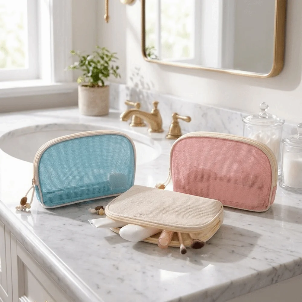 Breathable Mesh Makeup Bag Transparent Hand-Held Cosmetic Storage Bag Large Capacity Lightweight Lipstick Bag