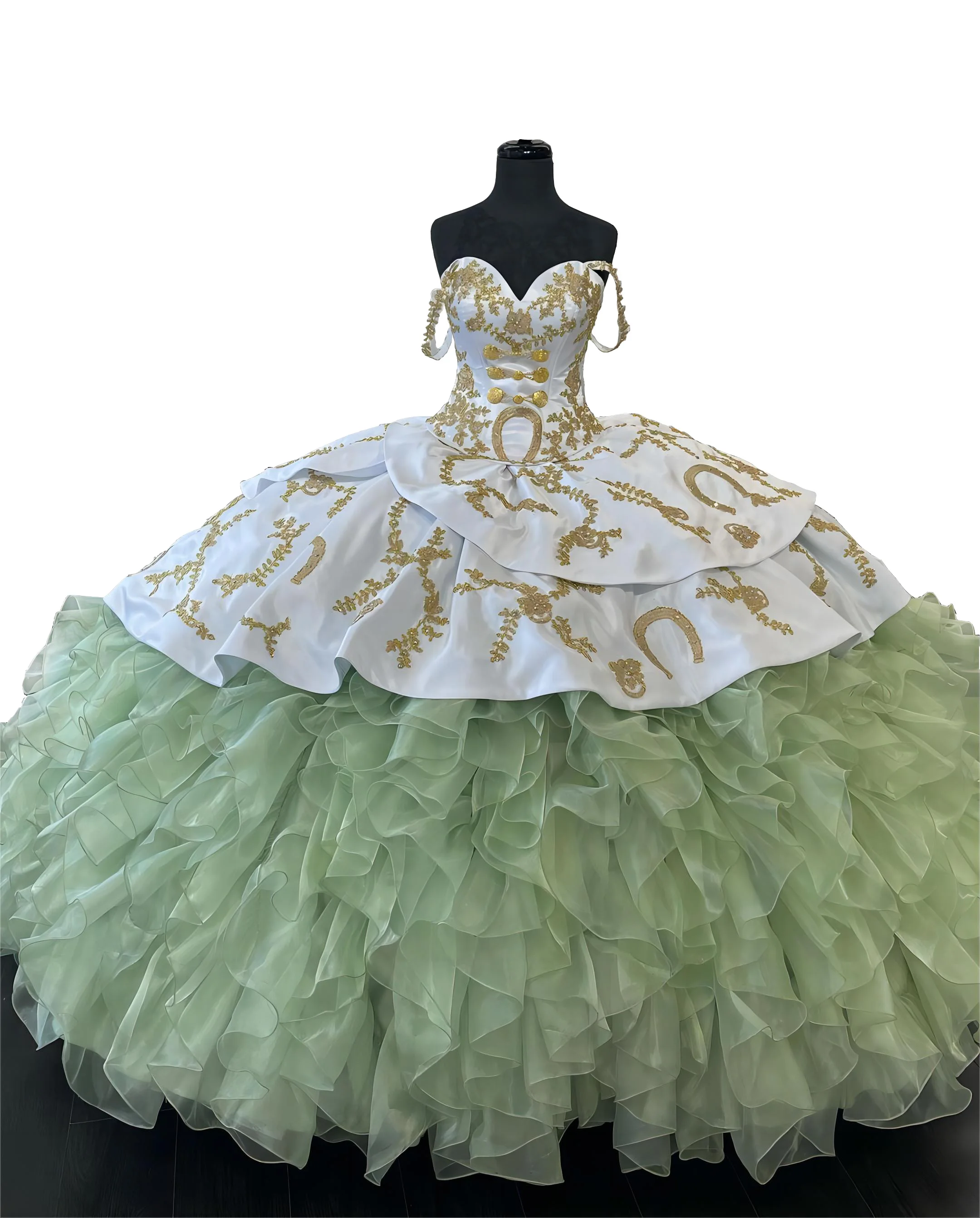 

Charro Style White and Sage Ruffles Puffy Quinceanera Dress Sweetheart Neckline Straps With Gold Embroidery Sweet 16 Ball Gown