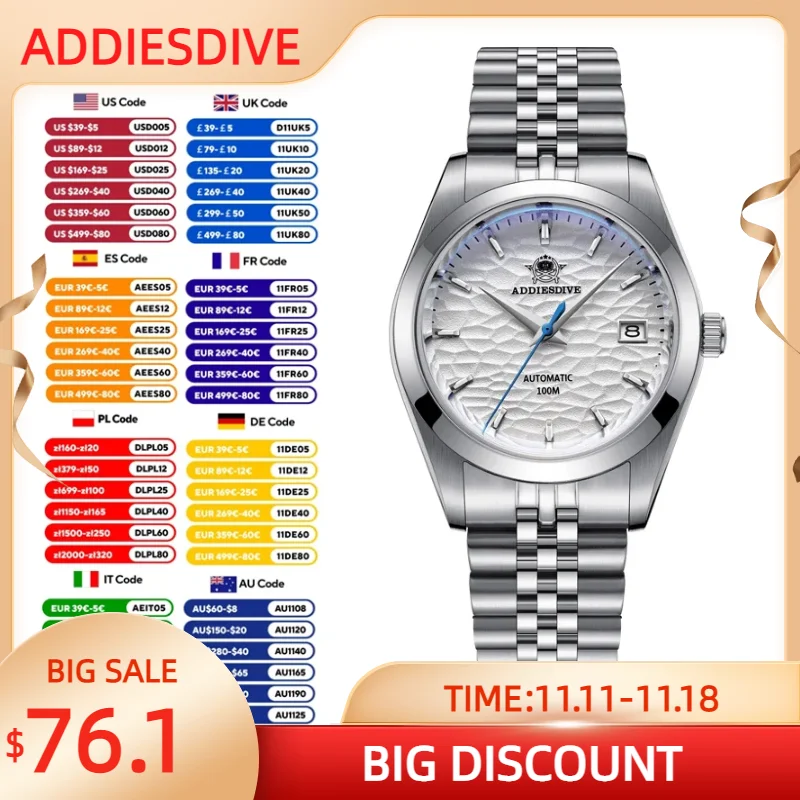 Addiesdive Hot Sale Eenvoudige Automatische Horloge Luxe Staal 100M Duiken Lichtgevende Heren