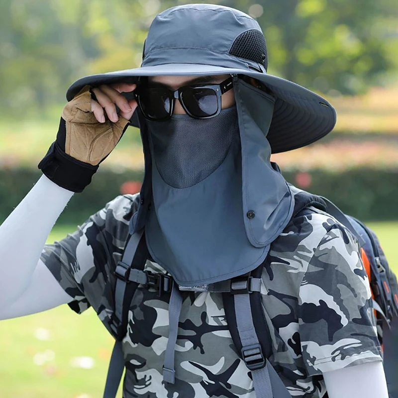Herren Sonnenschirm große Traufe Sonnenhut Maske Reiten Wandern Angeln Outdoor Fischer Mütze Mode Sonnenhut versand kostenfrei Sonnen hüte