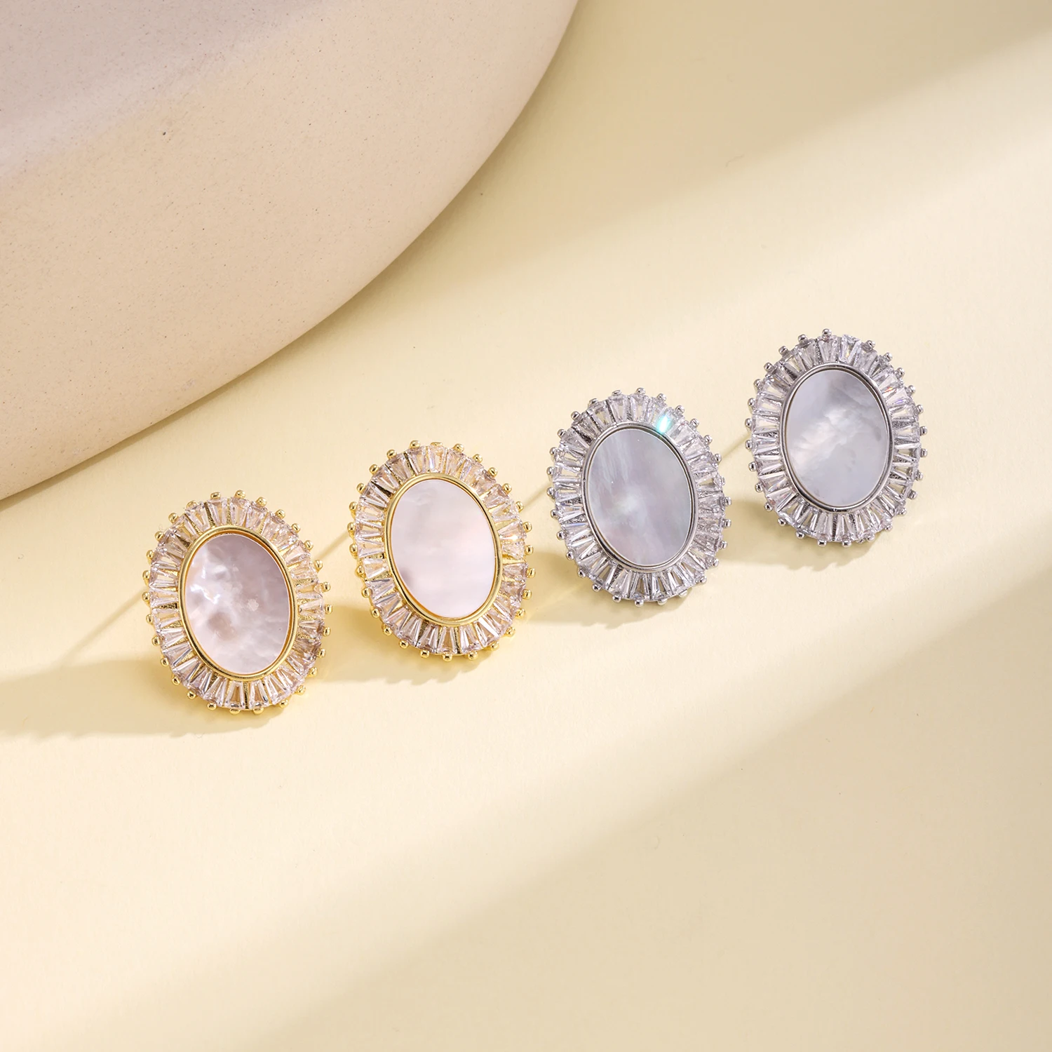 Nidin Elegant Aesthetic Oval White Shell Pearl Stud Earrings Baguette Zircon Border Wedding Party Fashion Jewelry Gift For Women