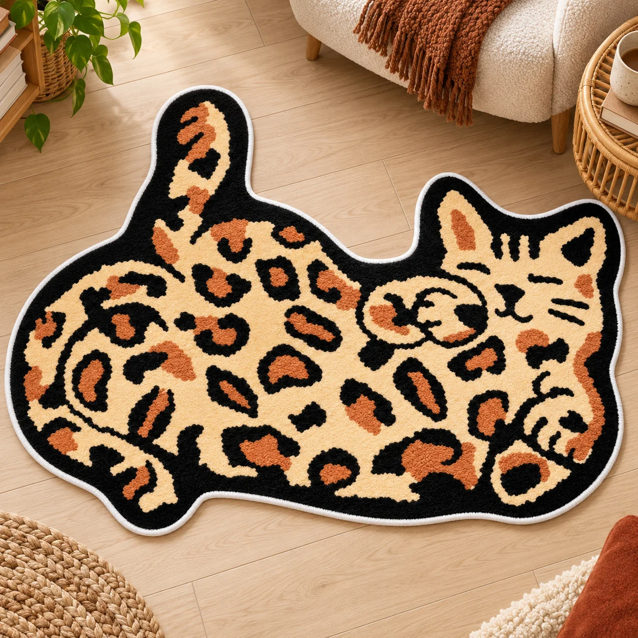Leopard Print Cat Shaped Area Rug, Cute Reclining Kitty Floor Mat for Bedroom, Living Room, Reading Nook and Modern Home Decor