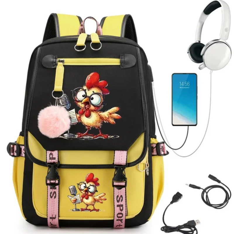 Mochila escolar con estampado de pollo para niñas, bolsa de viaje con carga Usb, Kawaii, Anime