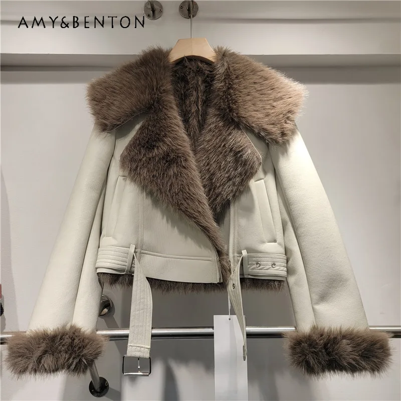 Winter Large Lapel Short Motorcycle Jacket Warm Sheepskin Eco-Friendly Furry Lined Coat Long Sleeves Faux Fur Jaquetas With Belt