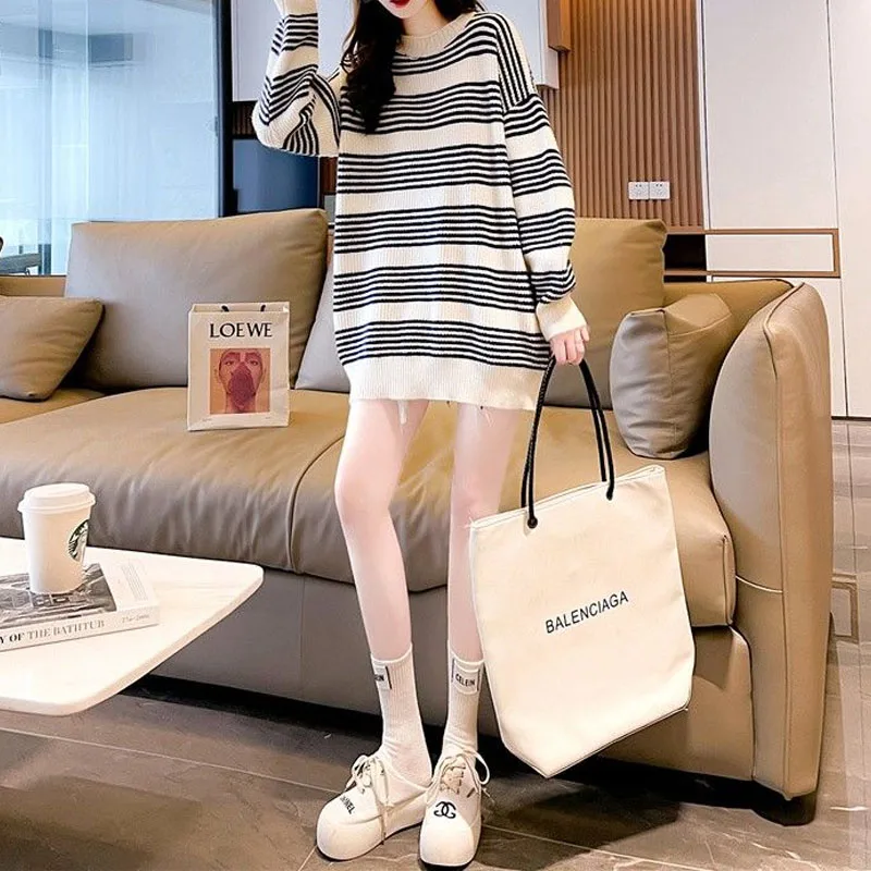 Autumn Winter Loose All-match Striped Knitted Pullovers Women's Clothing Fashion Casual Long Sleeve Korean Knitted Pullovers