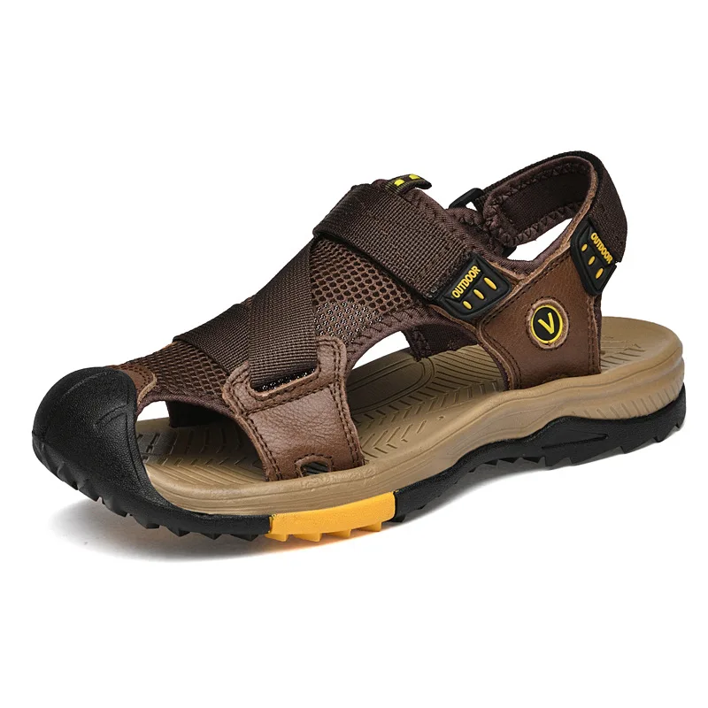 High quality leather flat sandals for men round toes new summer 2025 size 45 46 casual outdoor walking big size shoe black brown