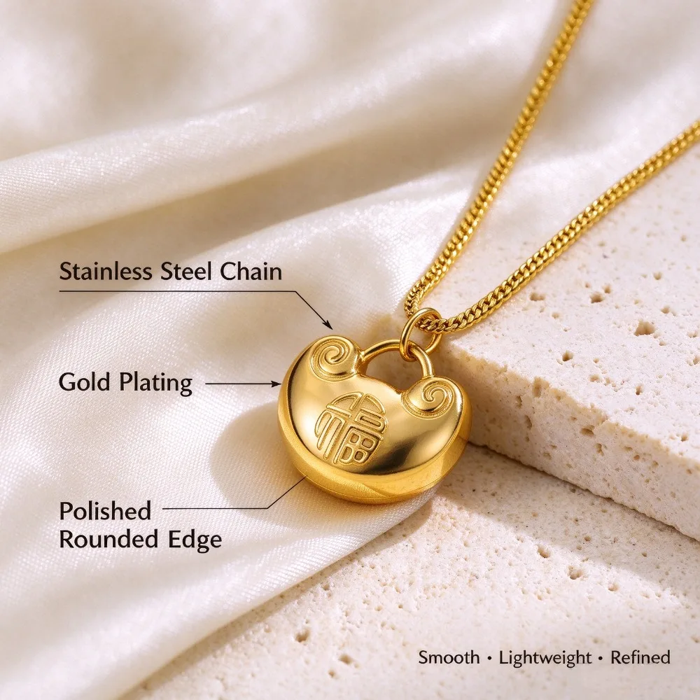 Chinese Style Ingot Fu Character Lock Ruyi Longevity Lock Titanium Steel Necklace for Women, Trendy Versatile Clavicle Chain