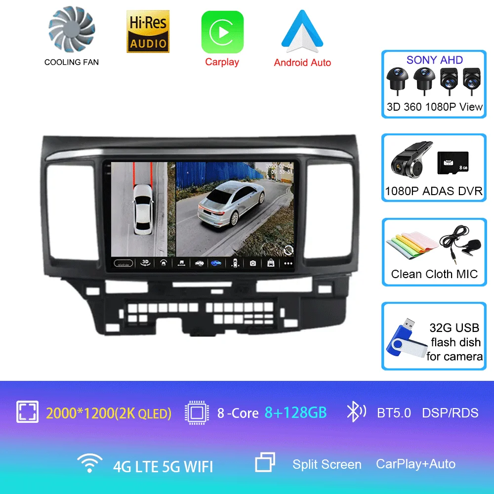 Voor MITSUBISHI LANCER 9 10 X 2008 2009 2010 2011 - 2016 9 inch Android 16 autoradio stereo audio GPS speler Carplay Auto scherm - afbeelding 1