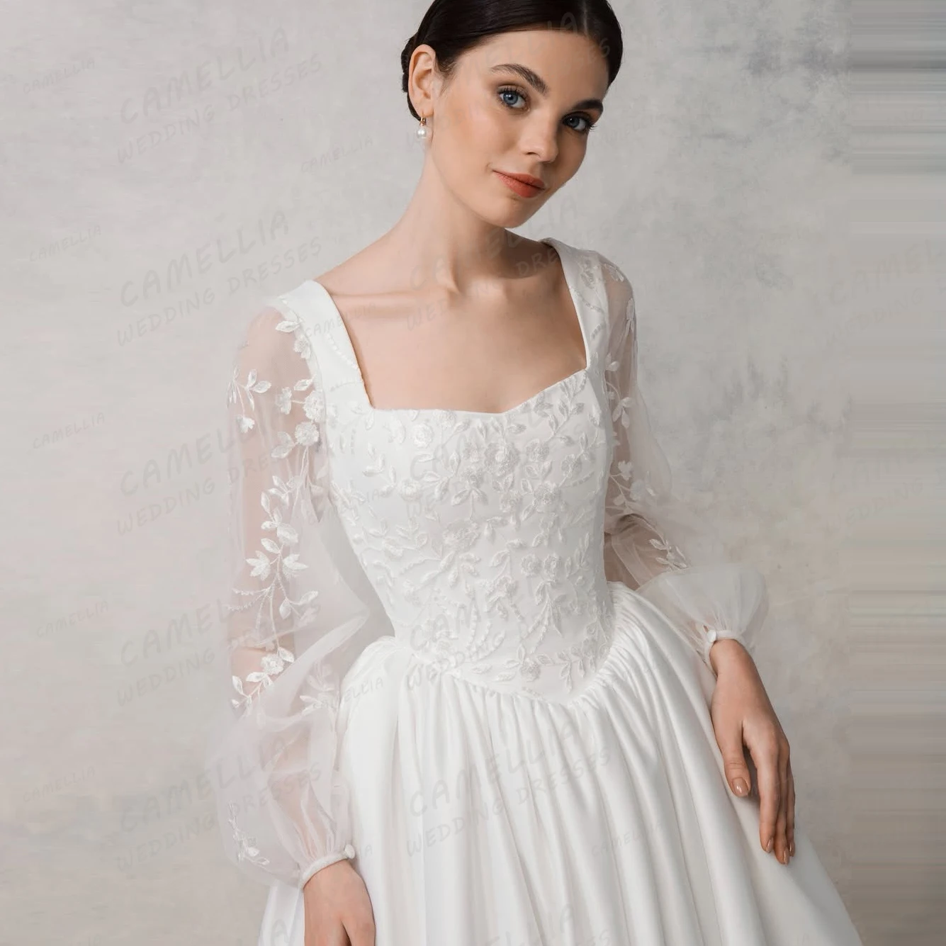 فساتين زفاف بسيطة للنساء على شكل حرف A وأكمام طويلة فساتين زفاف أنيقة من الساتان بأكمام طويلة من فيستدوس دي نوفيا مخصصة ماري