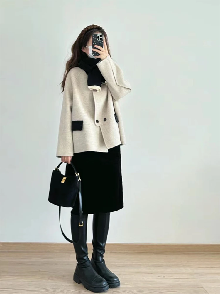 

MiiiiX French Elegant Contrast Color Woolen Coat Women's Autumn Jacket 2024 Versatile Loose Patchwork Irregular Casual Outerwear