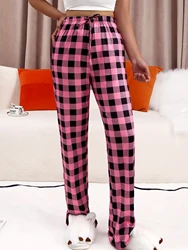 Cozy Plaid Pajama Pants - Soft Polyester Blend, Stretchy Elastane Lining, Comfortable Long Pants for Fall/Winter, Knit Fabric Lo