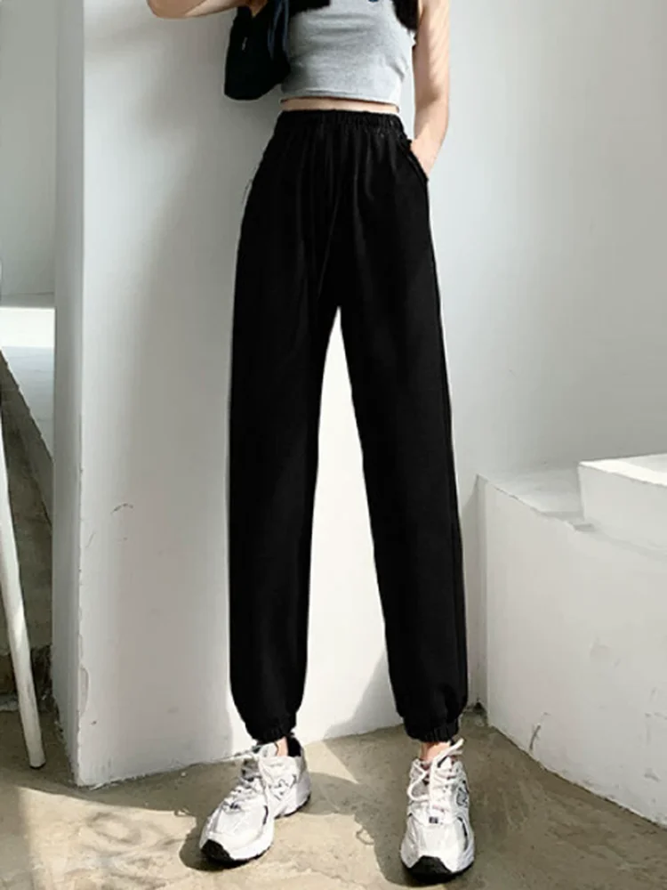 Pantaloni larghi alla caviglia con lacci a vita alta Pantaloni sportivi larghi alla moda in vita elastica Pantaloni da jogging dritti casual da donna