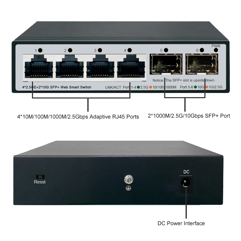 JT-COM-MINI 6-port intelligent switch, 2 * 10G SFP+L2-2.5Gbps web device, hosted switch, 6 L2 ports, 2.5Gbps