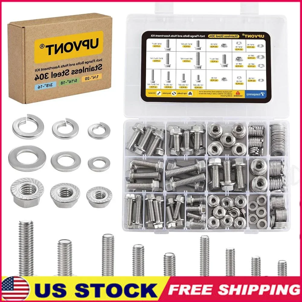 

Stainless Steel 304 Flange Bolts Nuts Kit 1/4" 5/16" 3/8" Serrated Hex Heavy-Duty Corrosion Resistant Assortment 9 Sizes