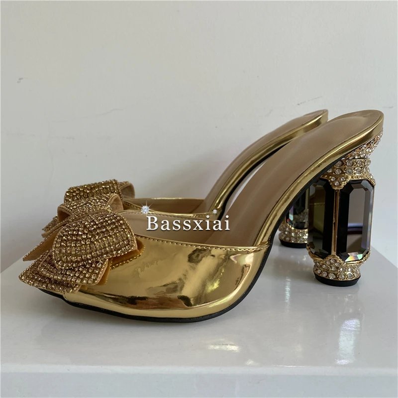 Crystal Jeweled Butterfly-Knot Sandals Women Luxury Patent Leather Ankle Strap Diamond High Heel Party Shoes Summer view 4