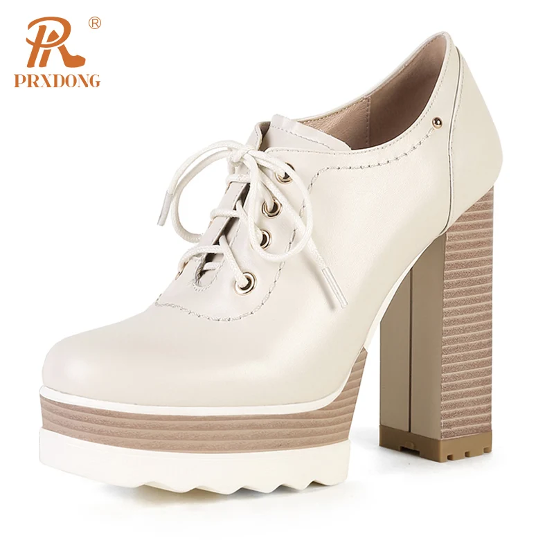 PRXDONG Genuine Cow Leather Spring Autumn Women Shoes Chunky HIgh Heels Platform Black Beige Dress Party Office Lady Shoes Pumps