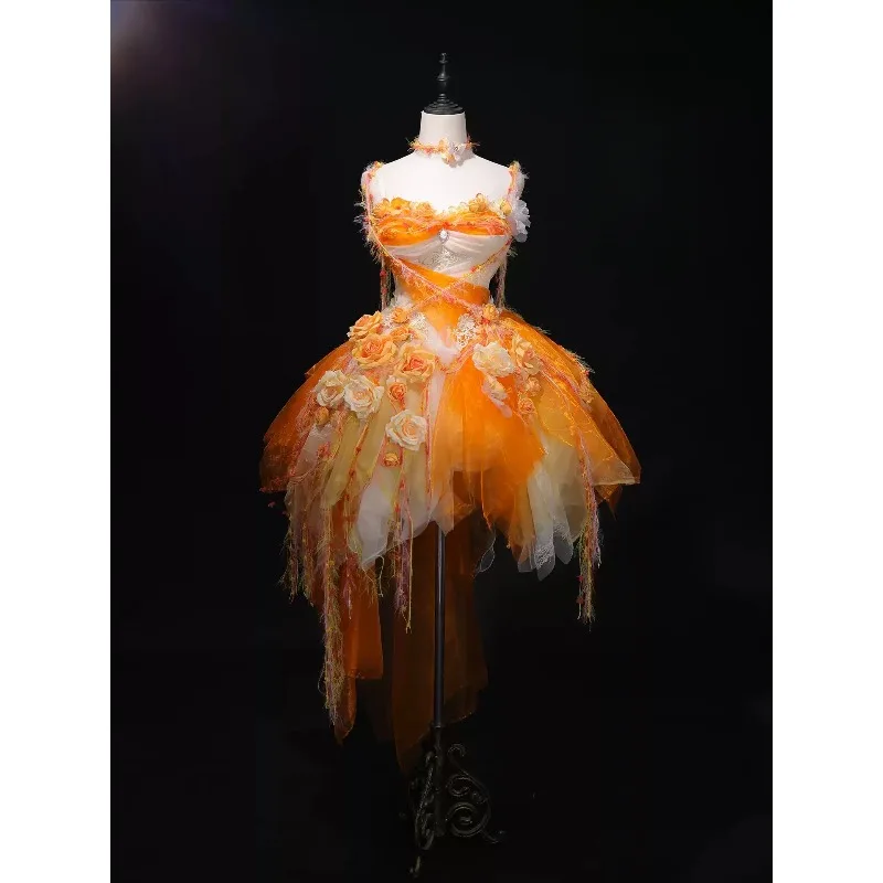 Orange Yellow Rose Fairy Tulle Dress, Handmade Shimmer Irregular Skirt, Without Accessories, EDM Concert Performance Gown S-XL