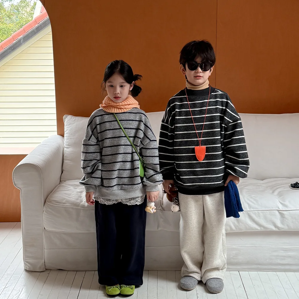 

2025 Winter New Children Long Sleeve Sweater Girls Casual Striped Sweatshirt Baby Boys Thick Warm Pullover Loose Kids Clothes