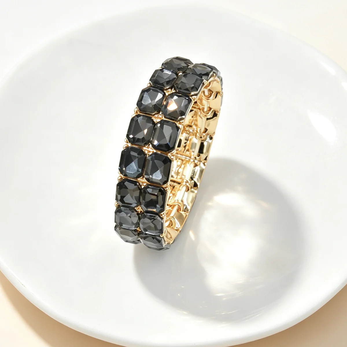 Europäisches und amerikanisches Retro-Doppelreihen-Armband mit geometrischen Formen aus Legierung und Kristallen, elastisch, für Damen, Party, Modeschmuck – Detail 9