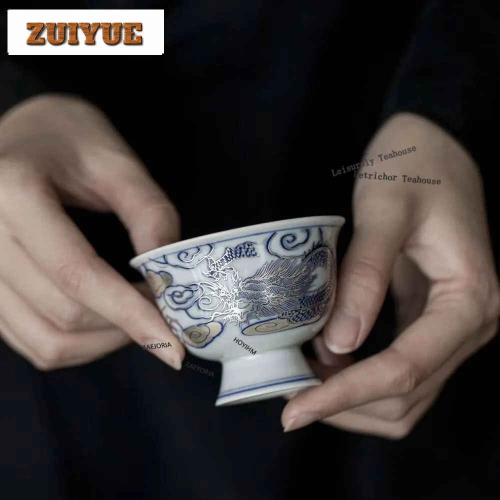 HOYIHM 80/100ml High-end Gilded Sier Ceramic Teacup Chinese Dragon Pattern Master Cup Tasting High Foot Tea Bowl Chazhan Gift