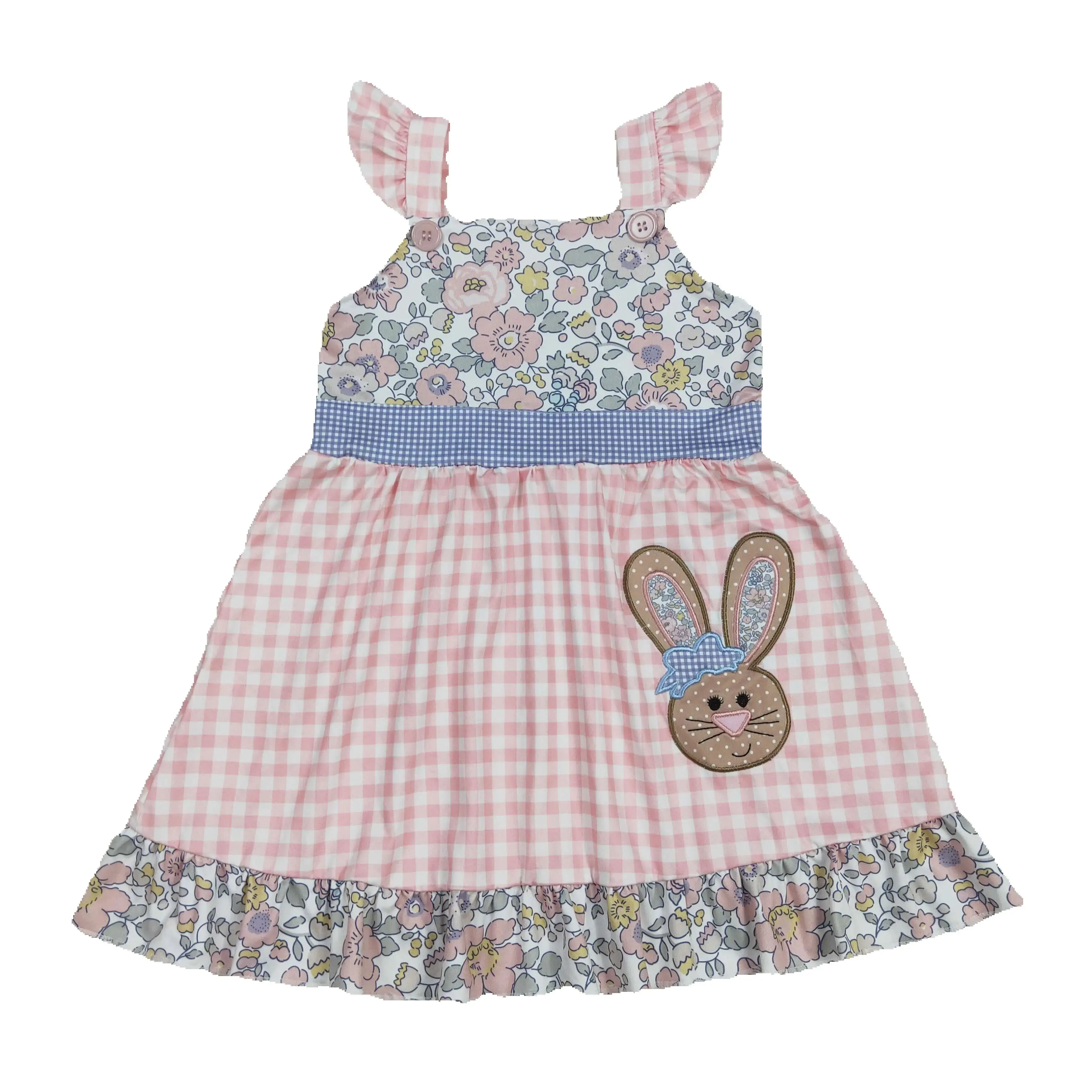 

GSD0593 Embroidery Baby Girls Easter Rabbits Floral Ruffle Knee Length Dresses