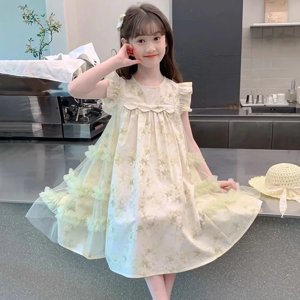 

Floral Print Pleated Ruffles Mesh Dress Sleeveless Loose Girls Puff Sleeve Skirt Flower Lace Casual Children Princess Dress